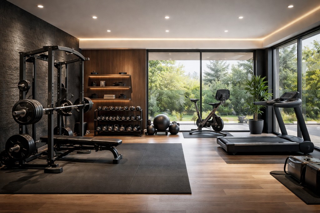 Modern indoor home gym with strength and cardio equipment, wood accents, and garden views